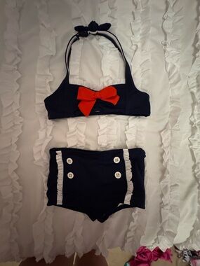 Janie and Jack Navy Two-Piece Sailor Swim Set with Red Bow